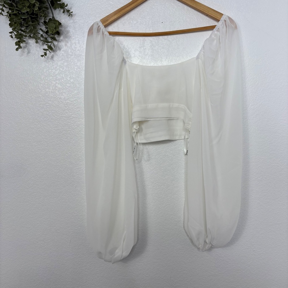 NWT For Love & Lemons Trisha Crop Top White Square Neck Long Sleeve Tie Front XS - Picture 7 of 13